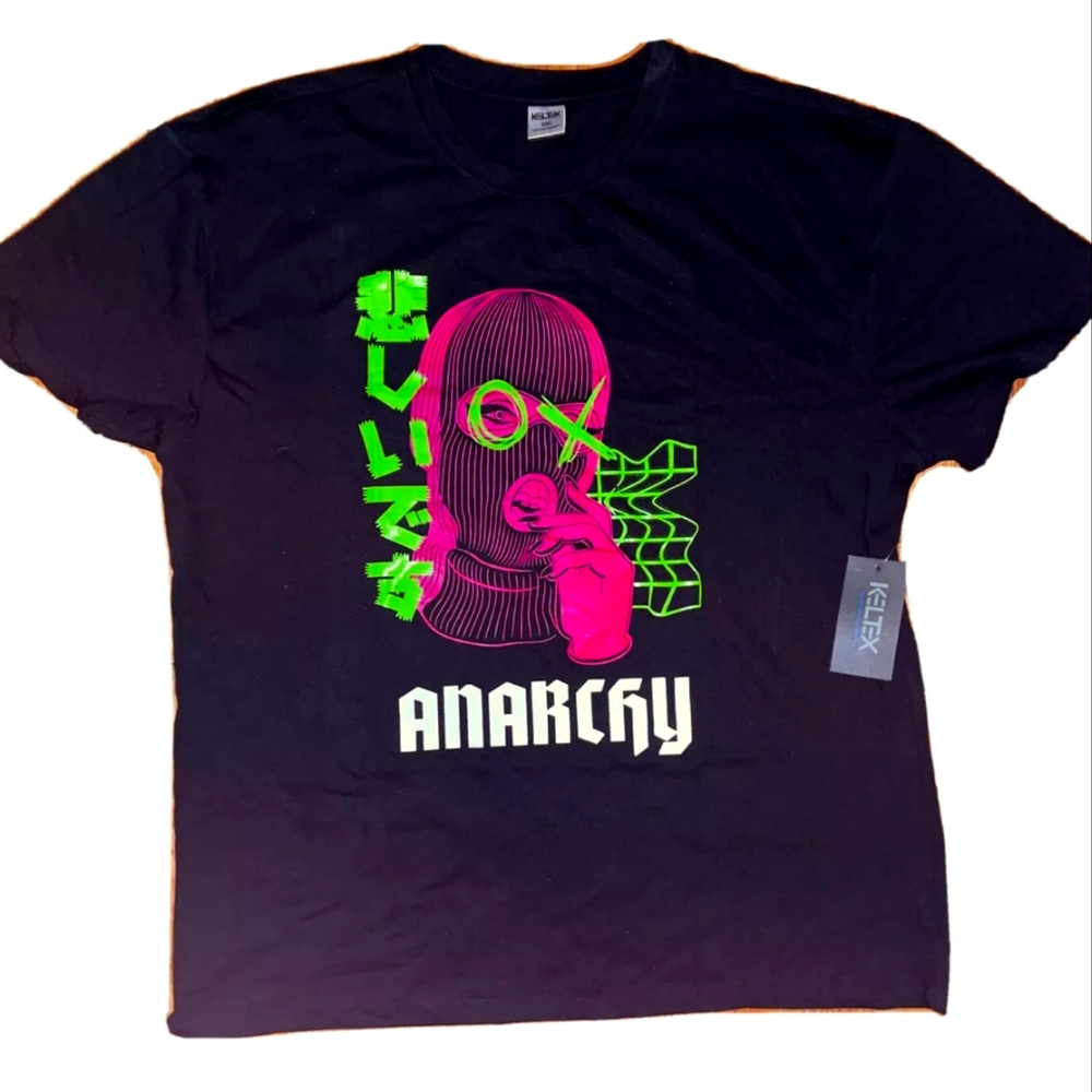 Keltex ANARCHY Ski Mask Punk Black Neon Graphic T-shirt Size XL